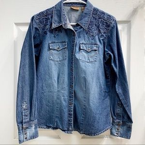 Wrangler Embroidered Denim Long Sleeve Cowgirl Shirt